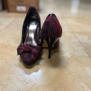 Red and black plaid heels
